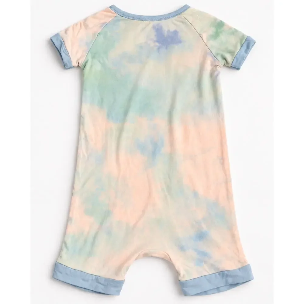 Little Sleepies 2T short sleeve zip romper in a pastel tie-dye print.